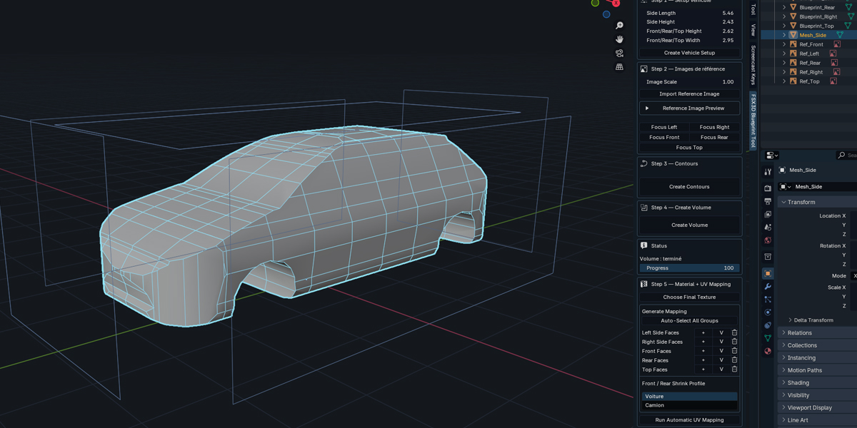 Generated low-poly vehicle mesh in Blender